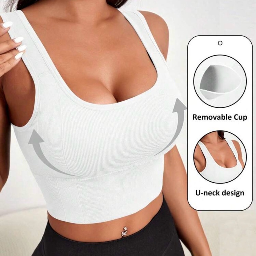 White Ribbed Crop Top Sport Bra - Picture 3 of 10